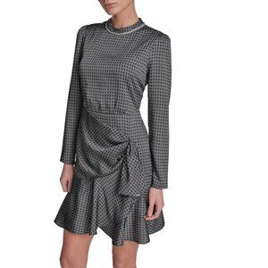 BCBG Women's Long Sleeve Jewel Neck Ruffle Trim Wrap Mini Dress